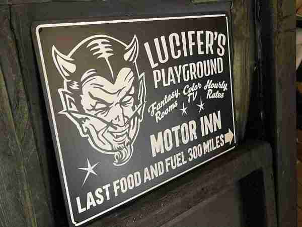 14d8b4a9 9682 4525 9efd 9f87c8f0cf8c scaled Lucifer’s Playground Sign wall Art Scary Motel Sign made in headtap studios. Scary motel sign