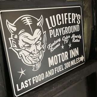 img 3654 Lucifer’s Playground Sign wall Art Scary Motel Sign made in headtap studios. Scary motel sign